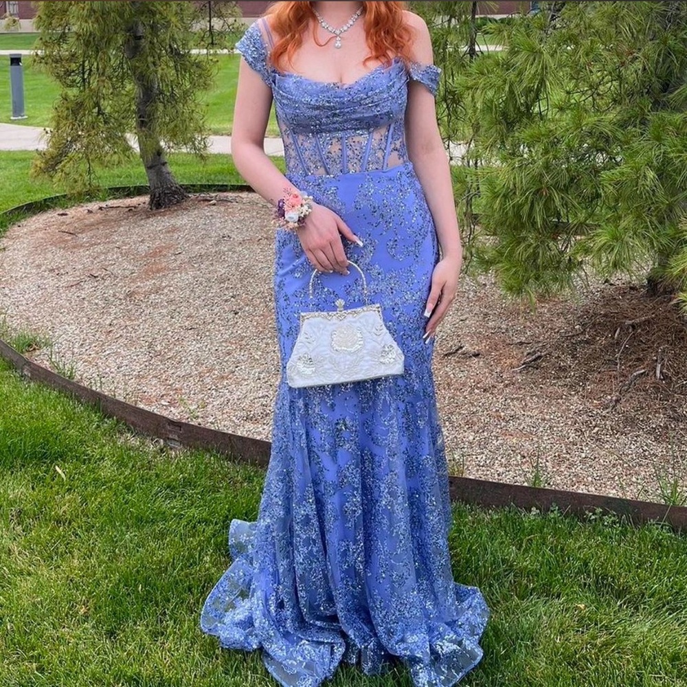 Windsor Purple Glitter Lace Prom Dress